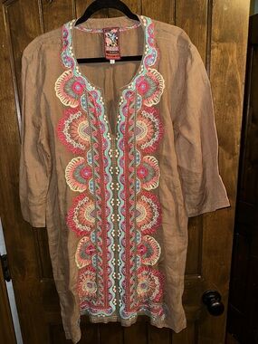 Johnny Was Tan Embroidered Boho Festival Tunic Dress
